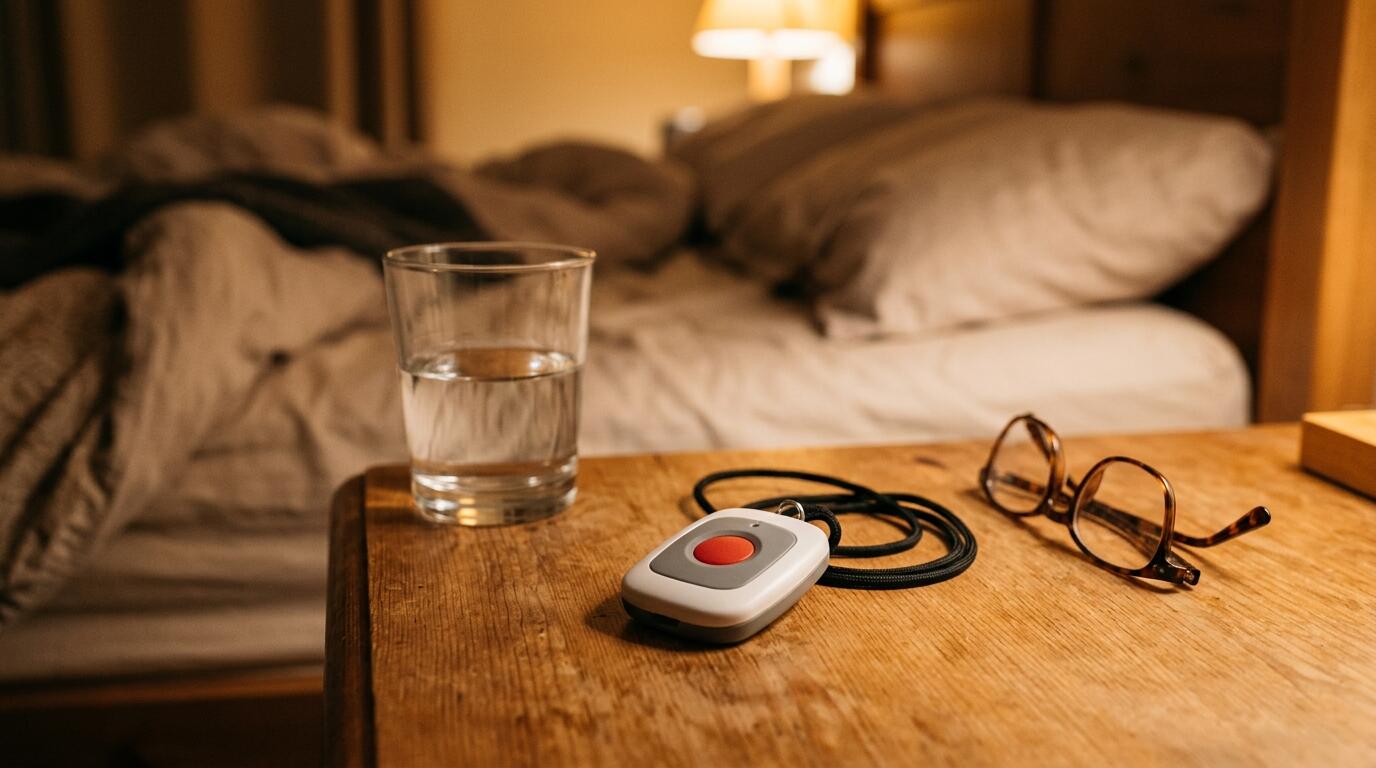 A medical alert pendant sitting on a bedside table next to a glass of water