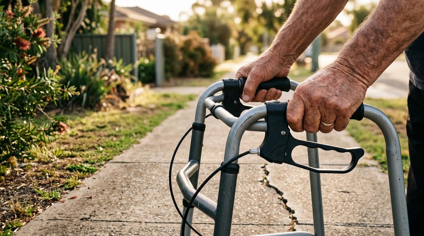 Elderly hands gripping a walking frame on a suburban footpath