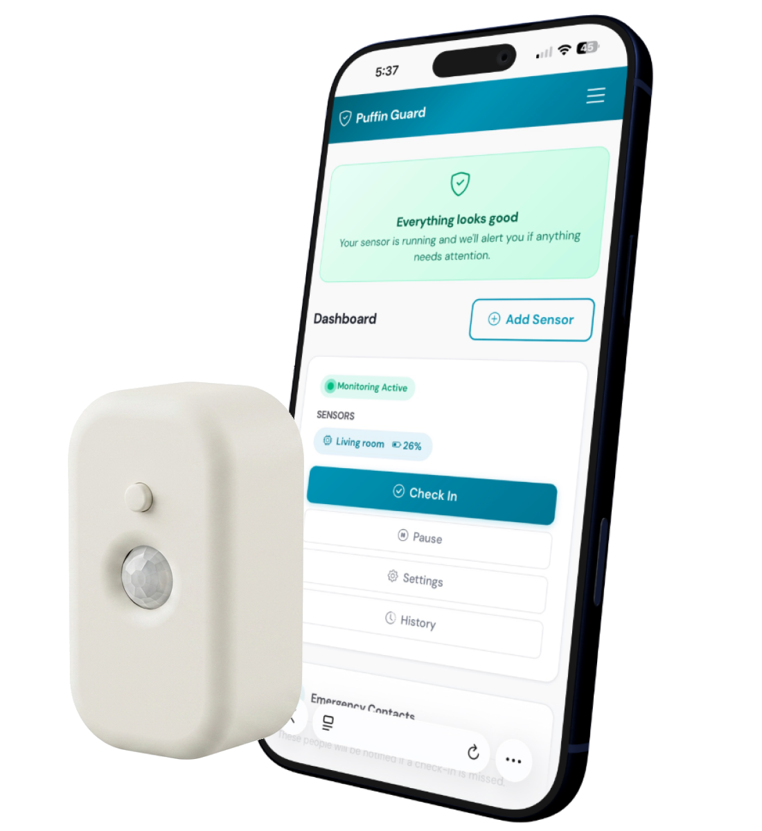 Puffin Guard sensor next to a phone showing the dashboard
