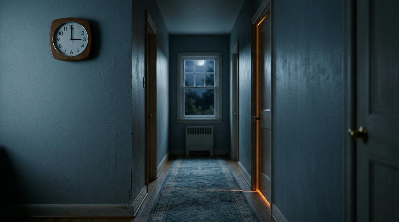 A quiet hallway at 3am, dimly lit by moonlight