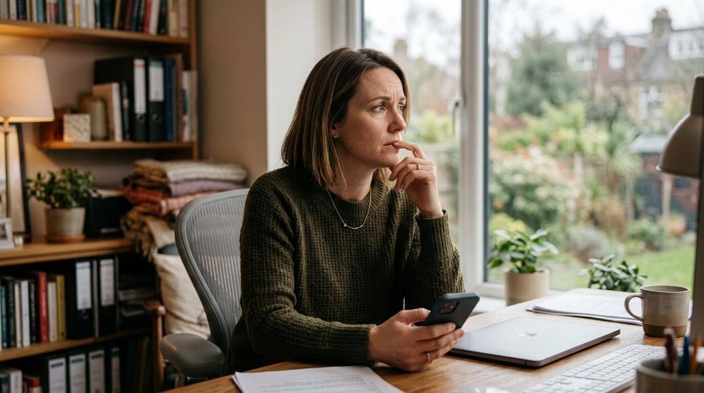 A woman sitting at her desk, phone in hand, looking out the window with a worried expression