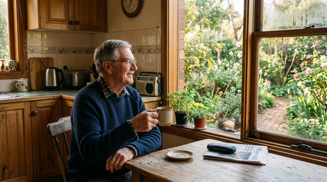 An elderly man enjoying a quiet cup of tea at home, living on his own terms