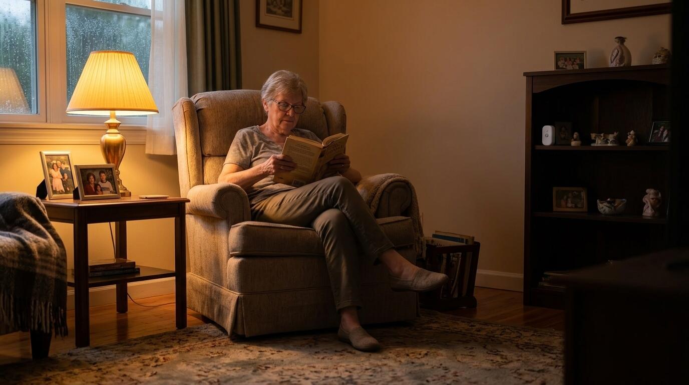 An elderly woman reading a book under a lamp in a cosy living room, a small sensor barely visible on a nearby shelf