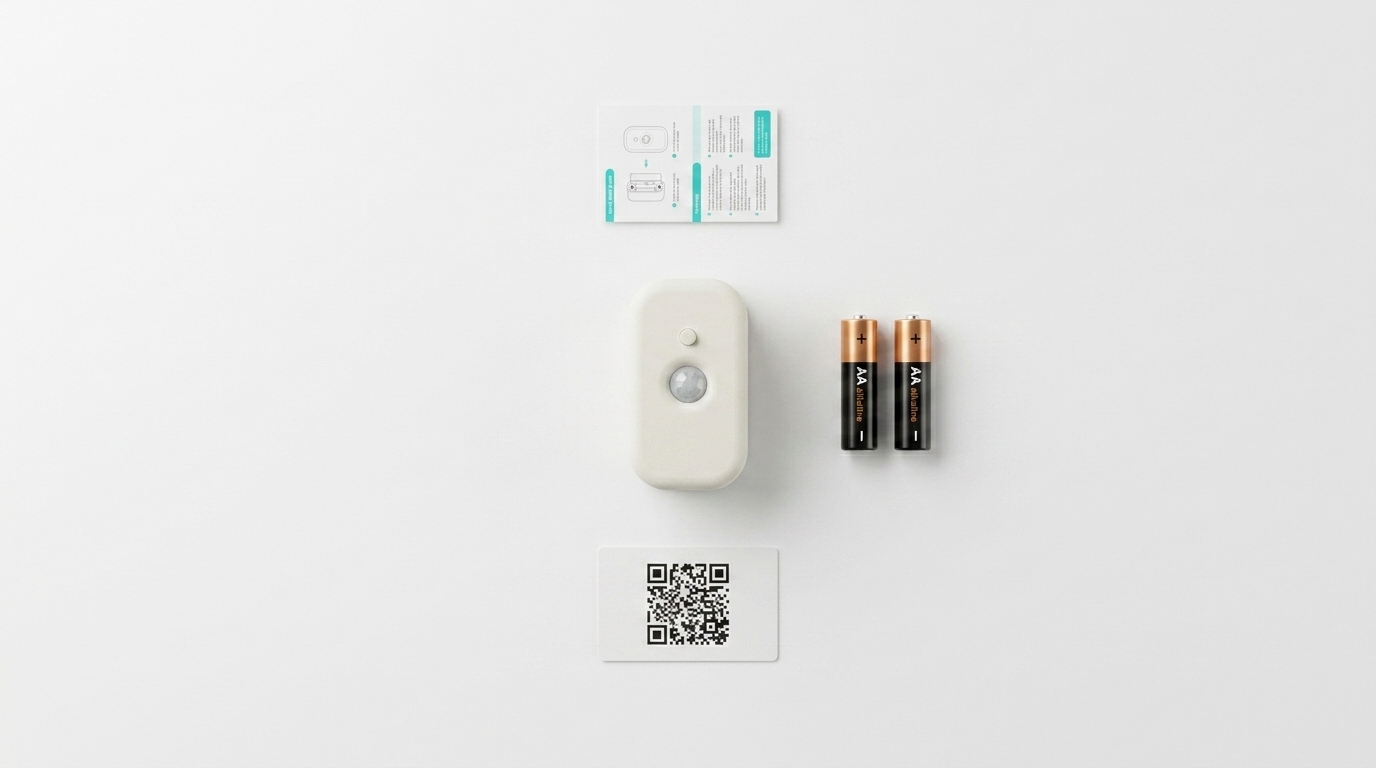 What's in the box: Puffin Guard sensor, 2 AA batteries, quick start guide, and setup QR code card
