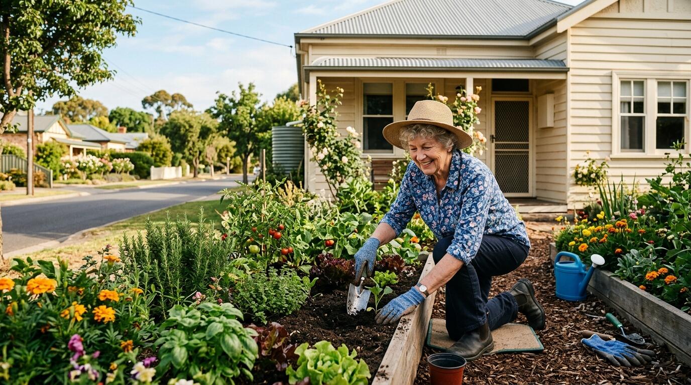 An older woman tending her garden outside her home