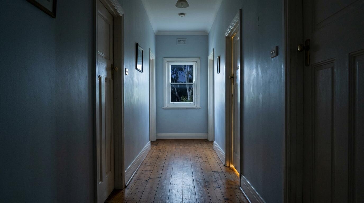 An empty hallway in a quiet home at night, dimly lit