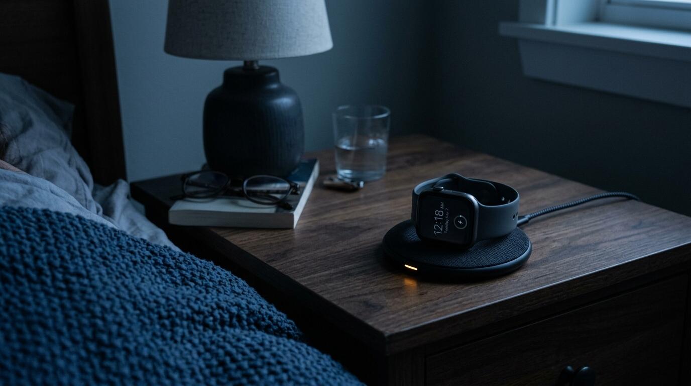 A smartwatch charging on a bedside table at night