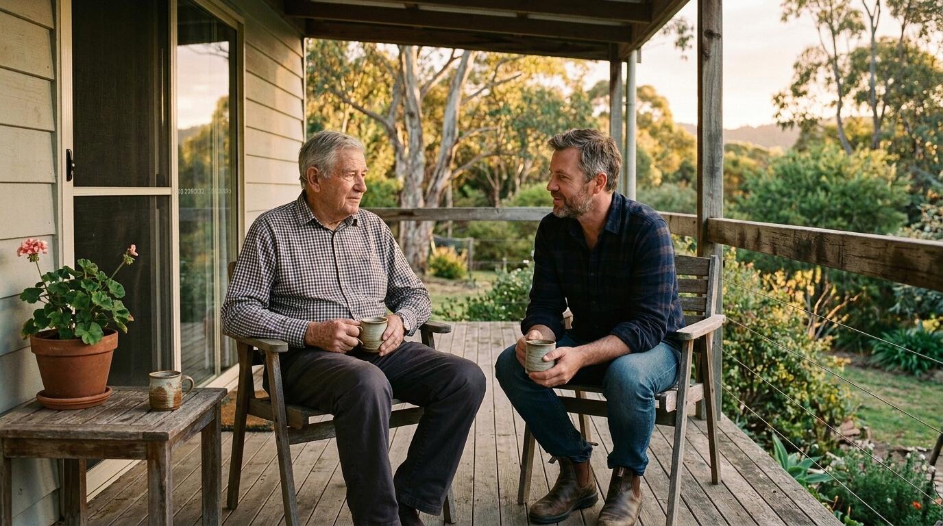 Adult son sitting with his elderly father on a porch, having a quiet conversation