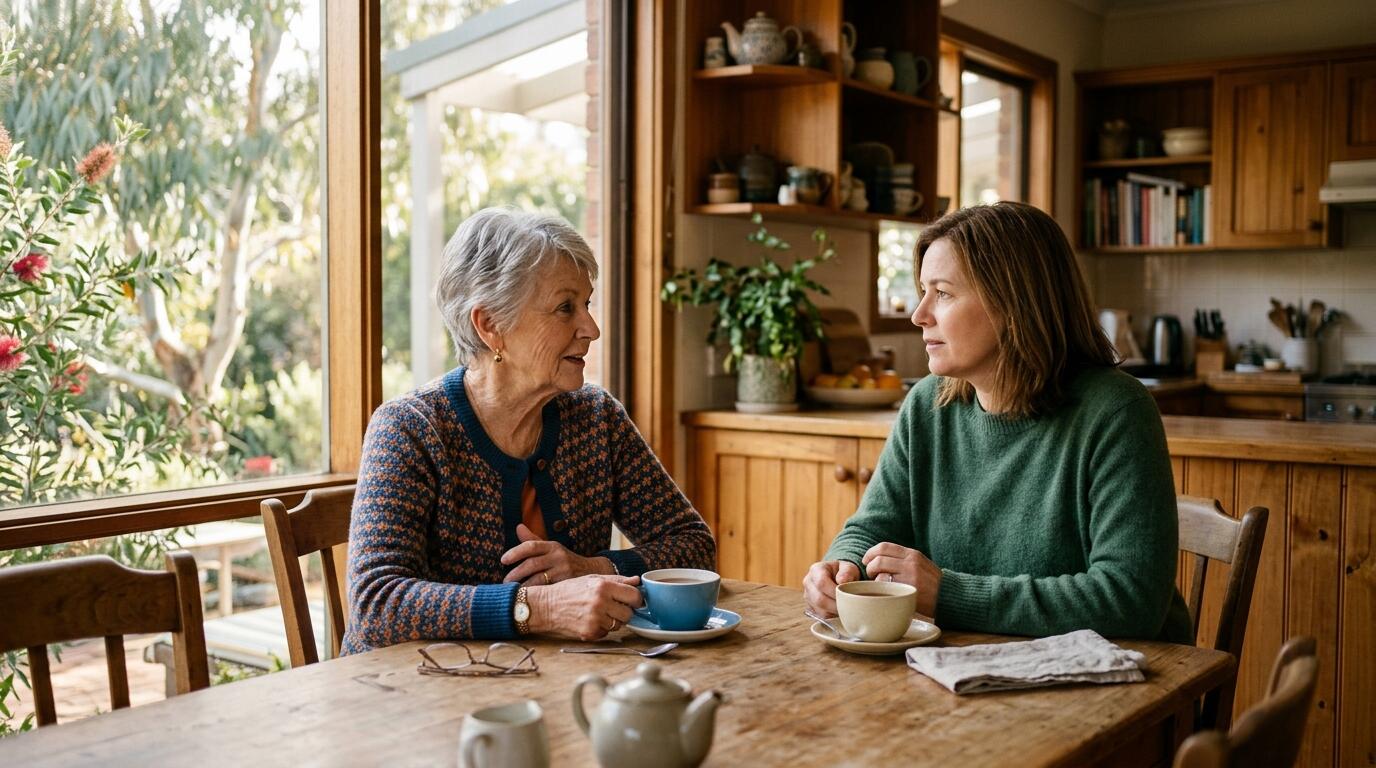 Adult child and elderly parent having an honest conversation at a kitchen table