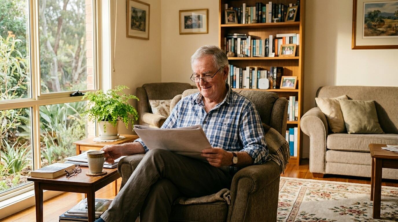 An elderly man reading a newspaper in his living room, a small sensor barely visible on a shelf