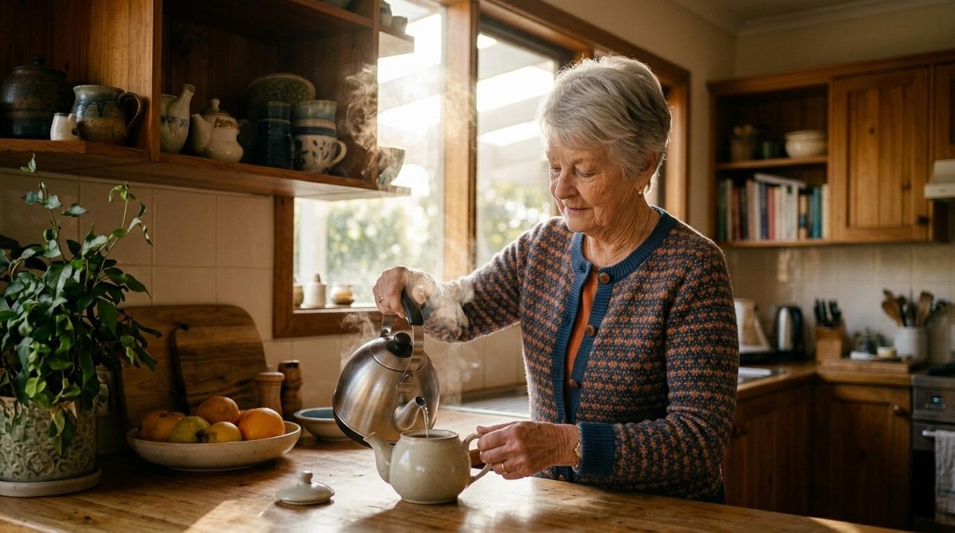 An elderly woman pouring tea in her kitchen on a quiet morning