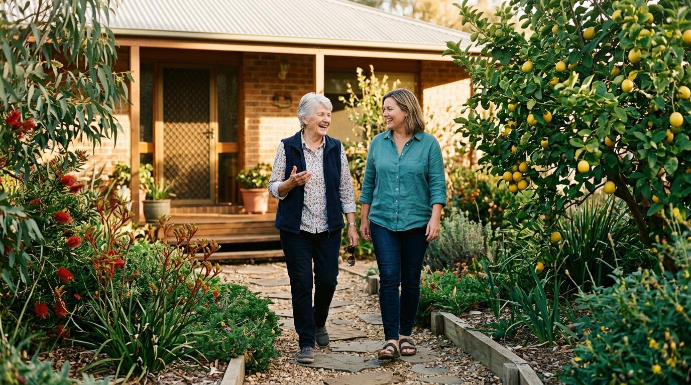 Adult daughter and older mother walking together in a garden
